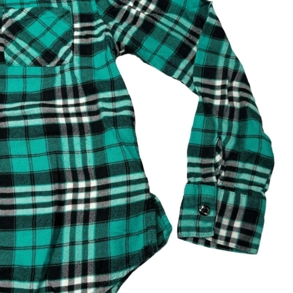 Justice Girls Top Size 7 Teal Black White Plaid Long Sleeve Button Down Shirt